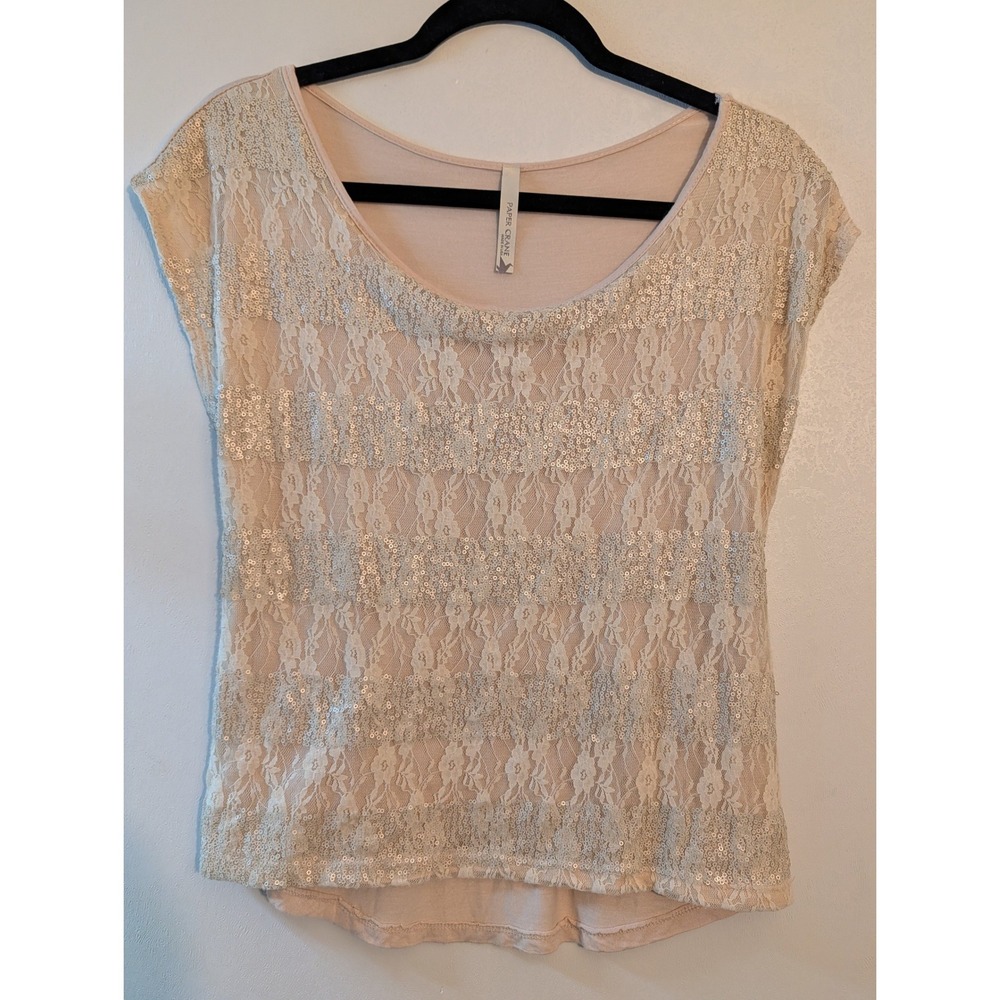 Paper Crane Womens Pink Lace‎ Sequin Cap Sleeve Top Scoop Neck Small Made in USA